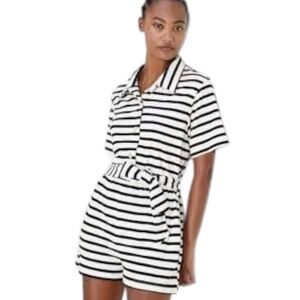 KATE SPADE Breton Stripe Cover-up Romper Terry Cloth Black White S Pool Beach